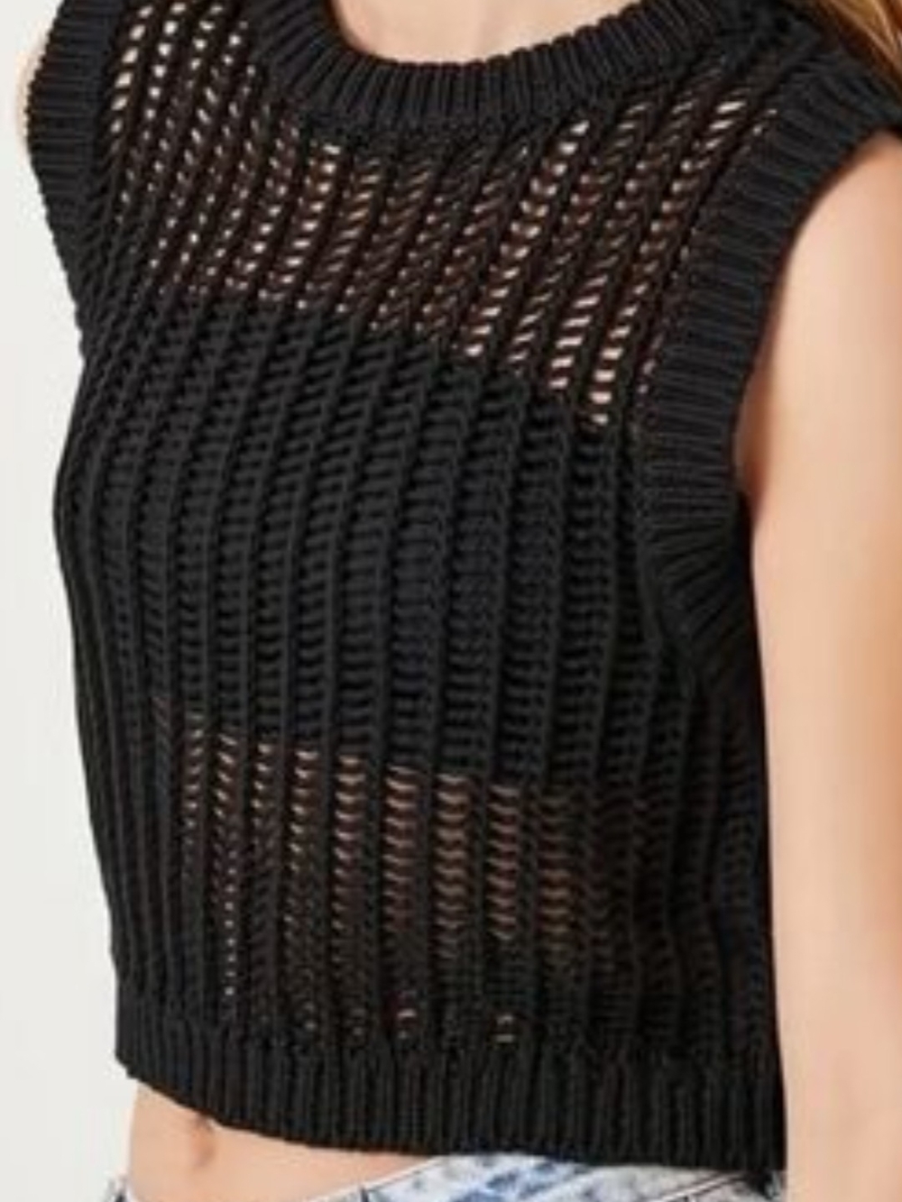 Zara Black Open-Knit Sleeveless Crop Tank